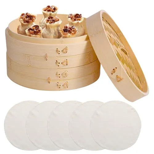Etagen Bambusdämpfer Bambus Dampfgarer: WANDGU Ø 21CM Bamboo Dampfer mit Deckel mit 5 Antihaft Dampfgarermatte, für Reis, Dim Sum, Gemüse, Fisch Fleisch Dumpling 2