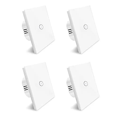 Smart Lichtschalter, Wlan Alexa Lichtschalter 1 Gang, Gehärtetes Glas Touch-schalter, Arbeitet mit Alexa & Google, APP Fernbedienung, Timing-Funktion, Nullleiter Erforderlich, Weiß 4 pack