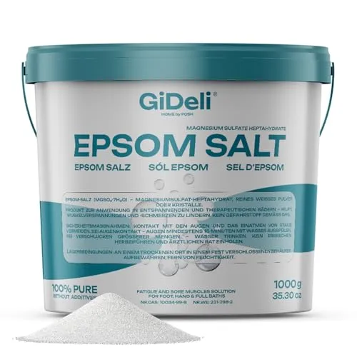 GiDeli Epsom Salz 1 kg Magnesiumsulfat Pharmaqualität Badesalz im Eimer- 100% Rein Natürliches Salz fußbad hautpflege entspannungsbad (1000g)