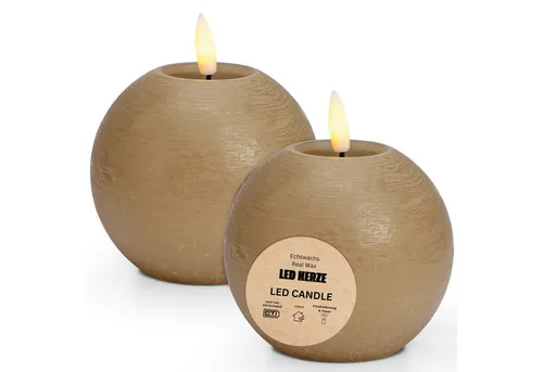 matches21 HOME & HOBBY LED-Kerze LED Kerze Kugeln Set Wachs, Flackernde Flamme, Ø 10x9, Beige (2-tlg), Mit beweglicher Flamme & Timer für Adventskranz