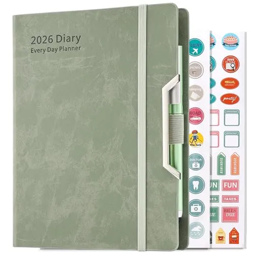 Akademischer Terminplaner 2026, A5, Seite pro Tag, Tages- und Monatsplaner, Jahresplaner 2026, Tag pro Seite, Jan-Dez, Hardcover-Organizer mit Stift, bunte monatliche Register, Innentasche, 3