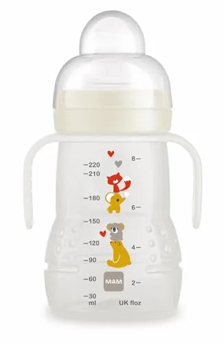 MAM 2-in-1 Flasche und Becher, ab 4 Monaten, 220 ml, mit extra weichem Mundstück und auslaufsicherem Sauger aus Skin Soft-Silikon, leicht anzunehmen, mit Griffen zum einfachen Halten, neutral, 1 Stück
