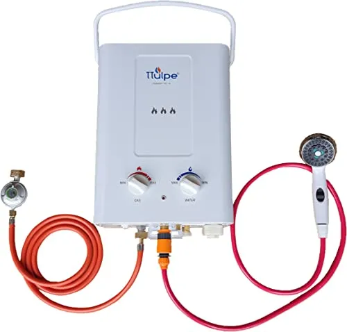 TTulpe Outdoor HD-6 P37 Weiß - Tragbarer Propangas-Durchlauferhitzer - Der TTulpe Outdoor HD-6 ist ein tragbarer Propangas-Durchlauferhitzer mit niedrigen NOx-Emissionen. Ideal für Camping und Freizeitaktivitäten, inklusive Zubehör für sofortigen Einsatz.