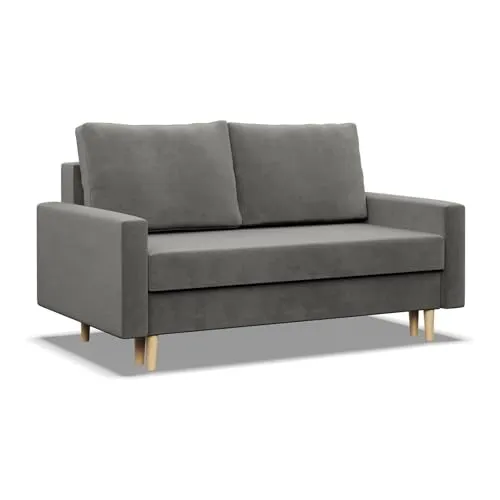 Mebligo - Sofa Mit Schlaffunktion Und Bettkasten Blank, 2 Sitzer 152 cm Breit, Schlafsofa Mit Bonellfederkern im Sitz, Ausziehbares Couch Auf Holzfüßen, Wohnzimmer - Hellgrau