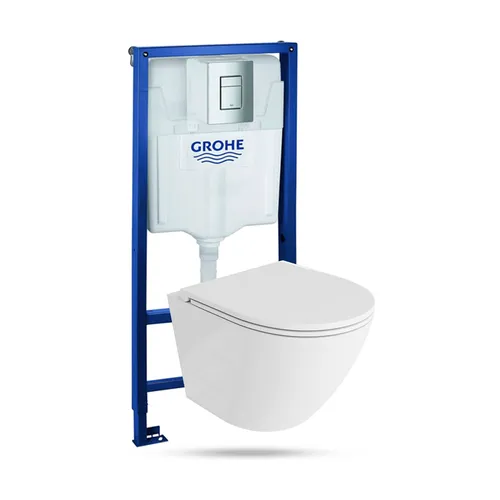 LAVITA Vorwandelement Solido + Wand Hänge WC Sofi One Weiß Spülrandlos + + WC Sitz mit Absenkautomatik Verchromter Knopf Komplettset Unterputz Spülkasten Toilette Komplett Sett WC