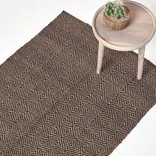 Homescapes Naturfaser-Teppich, 120 x 180 cm, 100% Jute-Teppich, mit geometrischem Rautenmuster, schwarz-beige