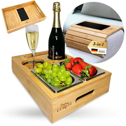 LURETI® Couchbar Snackbox 3-in-1 mit Geschenkbox und EXTRA Sofatablett - Snackspender mit 2 Snackschalen - Holz Snackbox für Sofa, Deko, Couch bar mit Handy und Getränkehalter - Bambus Snackbar