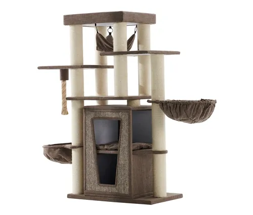 Nobby Kratzbaum »Hital« - dunkelbraun - Kratzbaum für Katzen mit großer Höhle, 2 Ebenen und Hängematte. Robuste Bauweise und Sisal-Kratzstämme bieten perfekten Spiel- und Ruheplatz.