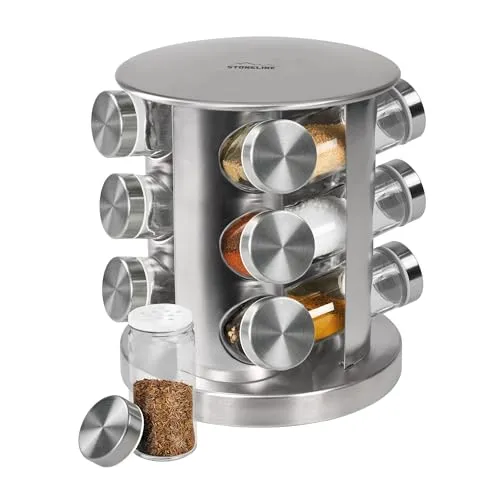 STONELINE Gewürzregal Stehend mit 12 Gewürzgläser, Edelstahl Glas Gewürzkarussell 360° Drehbar Gewürz Organizer Gewürzständer Rund, Gewürzdosen Gewürz Streuer mit Etiketten, Aufbewahrung Küche Zubehör