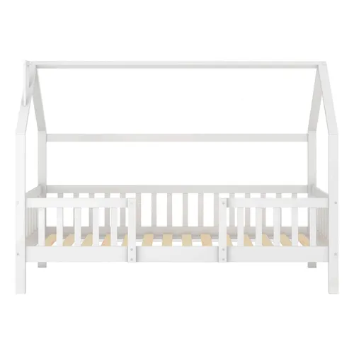 Kinderbett mit Schornstein Robuste Lattenroste Kiefernholz Haus Bett ohne Matratze 90 x 200cm Weiß