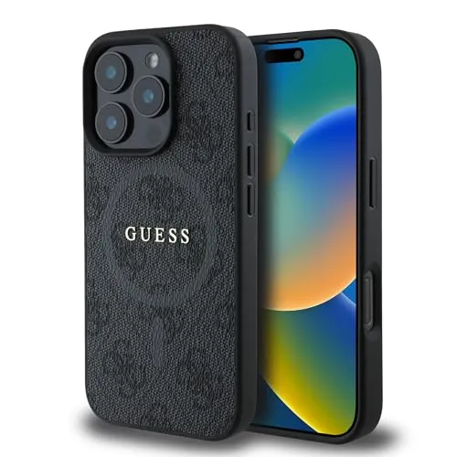 CG MOBILE Guess Magsafe PU 4G Hartschale für iPhone 16 Pro, Schwarz - Stylische Handyhülle aus PU mit klassischem Logo, bietet perfekten Schutz und MagSafe-Kompatibilität für dein iPhone 16 Pro.