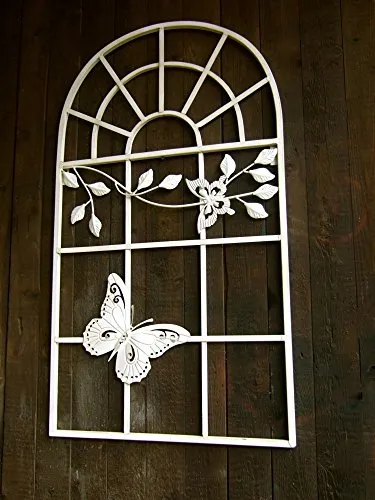 Antikas Rankgitter wie Eisenfenster - Rosengitter für die Gartenmauer - Kreatives Rankgitter aus Schmiedeeisen mit Schmetterling-Design. Ideal als Rankhilfe für Kletterrosen, verleiht Ihrem Garten einen besonderen Charme.