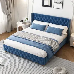 okwish Polsterbett Doppelbett 160×200cm mit Lattenrost und Kopfteil,Jugendbett mit Knopfpolsterung, Nietenpolsterung, Samt, Blau,Mit Matratze - Blau