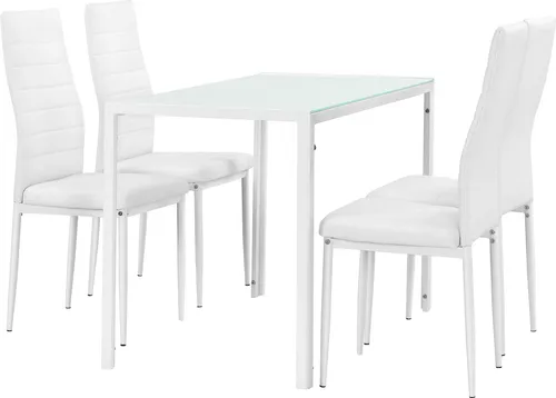 [en.casa] Moderner Esstisch mit 4 weißen Stühlen - Essgruppen mit stilvollem Design und hochwertiger Verarbeitung. Der Tisch aus weiß lackiertem Glas und die bequemen PU-Kunstlederstühle bieten Komfort und Eleganz für Ihr Zuhause.