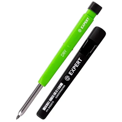 EXPERT DRY All-in-One Markierstifte inkl. Graphitmine | Nachfüllbarer Tieflochmarker mit Minenautomatik | Vielseitig auf Holz, Glas, Metall | Zimmermannsbleistift mit integriertem Spitzer