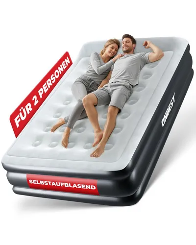 ONBEST selbstaufblasendes Luftbett mit Kopfkissen | Queensize | 203 x 152 x 46 cm - Luftbetten: Großzügige Queensize-Größe mit 250 kg Belastbarkeit, integrierter Pumpe für schnelles Aufblasen in nur 3-5 Minuten und ergonomischem Kopfkissen für maximalen Komfort.