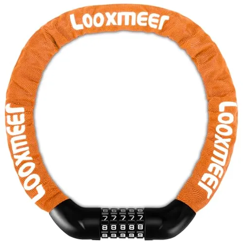 Looxmeer Fahrradschloss 11 Farben Zahlenschloss 90cm und Hoher Sicherheitsstufe, Fahrrad Kettenschloss Zahlen Code Kombination Schloss mit Stahlkettenglieder und 5-stelligem Zahlencode, Orange