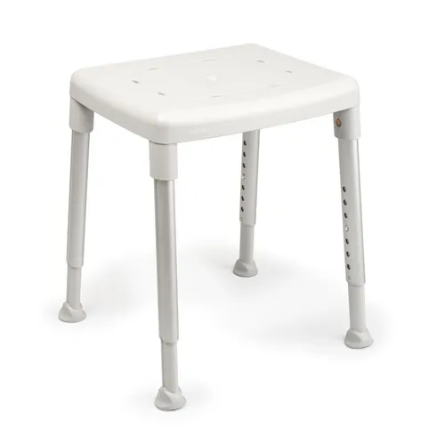 Etac Smart Duschhocker eckig bis 200kg - Badezimmerhocker mit stabilen Teleskopbeinen, höhenverstellbar für individuellen Komfort und Gummifüßen für sicheren Halt auf unebenem Boden.