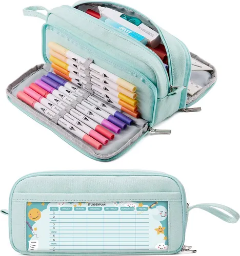 Federmäppchen mit 3 Fächer Große Kapazität Mäppchen Federtasche Stiftetasche Pencil Case Bleistifttasche für Schule & Büro, Grün