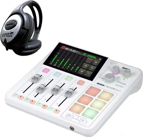 RØDE Rode Rodecaster Duo Station Weiss mit Kopfhörer - Audio-Interface für Podcaster und Streamer: Kompakte Komplettlösung mit 2 Neutrik-Eingängen, 6 Smart Pads, intuitivem Touchscreen und integriertem Funkempfänger für drahtlose Mikrofone.