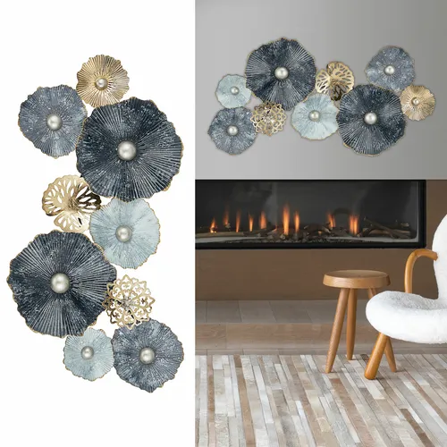 Metall Wandbild 3D Wanddeko Blüten Wandskulptur 91x53 Gold Blau Silber Wand Deko