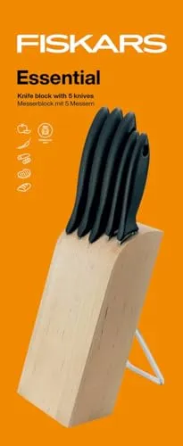 Fiskars 1023782 Essential Messerblock mit 5 Messern - Küchenmesser-Set mit 5 hochwertigen Messern, ideal für präzises Schneiden und Zubereiten von Speisen, inklusive stilvollem Messerblock für praktische Aufbewahrung.