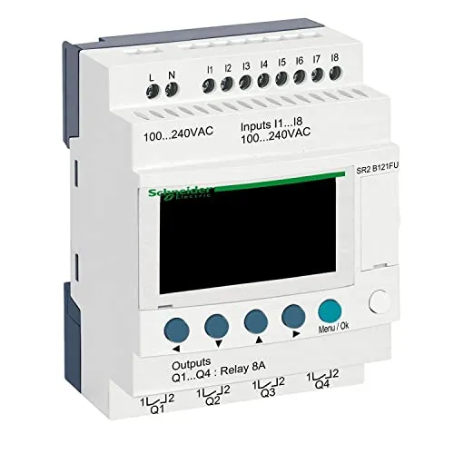 Schneider Electric SR2B121FU SPS-Steuerrelais - Schaltrelais für einfache Automatisierungsaufgaben, kompakte Bauweise mit 12 E/A, Display und integrierter Uhr für flexible Anwendungen.