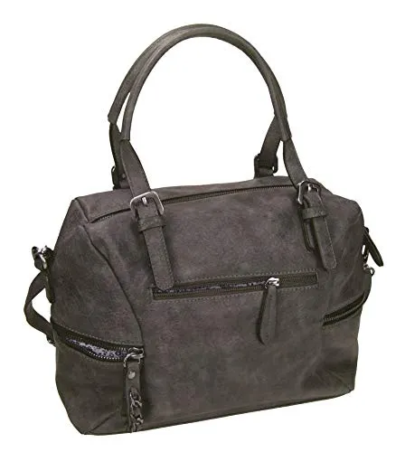 Damen Handtasche PARIS 2 Henkeltasche Umhängetasche mit Reißverschluss, Schulterriemen und zwei Henkeln Farbe grau