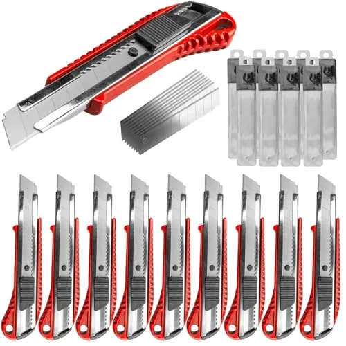 Werkzeugkönig Cuttermesser 18mm Teppichmesser 10 Stck. Aluminium rot lackiert + 100 Ersatzklingen