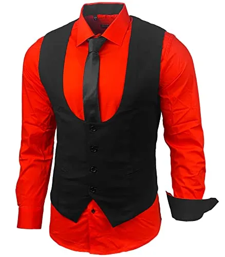 Baxboy Herren Hemd Weste Krawatte Set Business Anzugweste Slim Fit Rot L