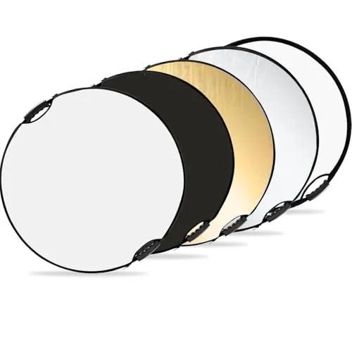 K&F CONCEPT 5-in-1 Reflektor Fotografie-Kit(110 cm), Faltreflektor mit Aufbewahrungstasche& Handgriff, Durchscheinend, Silber, Gold, Weiß und Schwarz Runde Reflektoren für Fotografie