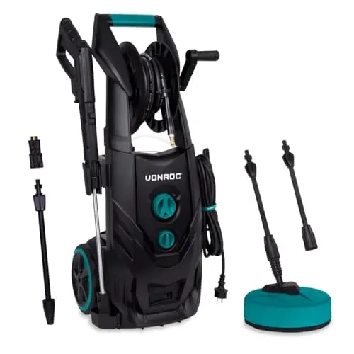 VONROC Profi Hochdruckreiniger 195bar - Starker Fassadenreiniger für effektive Reinigung - Hochdruckreiniger mit 2500W Induktionsmotor und 468 l/h Durchfluss für mühelose Entfernung hartnäckiger Verschmutzungen. Inklusive praktischer Schlauchtrommel für Ordnung und maximaler Reichweite dank 8m Hochdruckschlauch.
