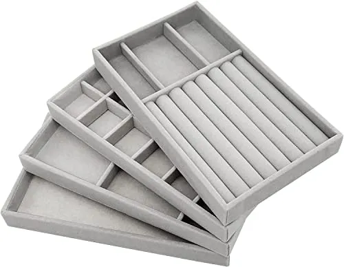 PIQIUQIU 4 Stück Schmucktablett, Stapelbar Schmuck Organizer, Schmuckaufbewahrung,Schublade Zum Aufbewahren und Präsentieren von Ohrringen, Halsketten, Ringen (Grau)