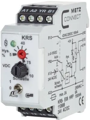 Metz KRSE08 Schwellwertschalter 24 V AC/DC - Installationsschütze mit einstellbarer Schaltschwelle, ideal für die Steuerung von Pumpen und Ventilatoren. Robuste Bauweise mit LED-Anzeige und Schraubanschluss für einfache Installation.