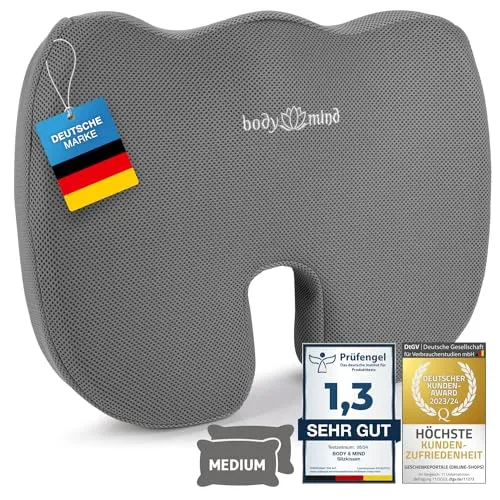 Body & Mind® Orthopädisches Sitzkissen Keilkissen Ergonomische Stuhlauflage Bürostuhl-Kissen; Autositz-Kissen; Schmerzreduzierend, Fördert Durchblutung, Entlastet Steißbein & Wirbelsäule (H2 - Medium)
