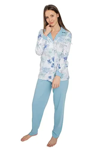 Consult-Tex Damen Pyjama Schlafanzug - Schlafanzug aus 100% Baumwolle, atmungsaktiv und hautfreundlich, mit elegantem Blumendruck und bequemer Hose – ideal für entspannte Nächte und stilvolles Relaxen.