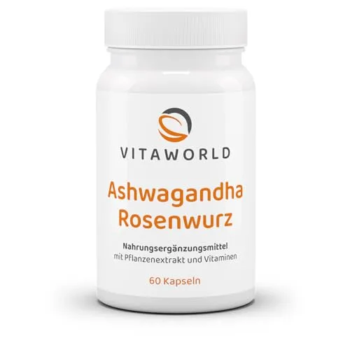 vitaworld Ashwagandha Rosenwurz Komplex, Premium KSM-66® Extrakt, 10 mg Withanolid und 4,5 mg Rosavin pro Kapsel, Vegan, 60 Kapseln