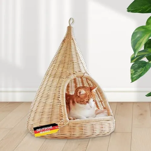 Rohrschneider Hänge-Katzenkorb Sammy | Katzenbett aus handgeflochtenem Rattan | Katzenhöhle mit waschbarem Katzenkissen aus Naturmaterial | Zum Hängen und Hinstellen | 45 x 45 x H 55 cm | Natur-beige