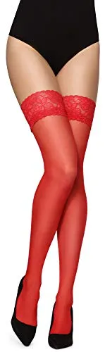 Merry Style Damen halterlose Strümpfe mit Muster Naht hinten Blumenmuster MS 209 (Rot, M-L (40-44))