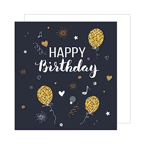 Edition Seidel Premium quadratische Geburtstagskarte mit Umschlag. Glückwunschkarte Happy Birthday Karte Geburtstag Mann Frau Teenager Punkte Luftballons Herzen Schwarz Gold (GQ103)