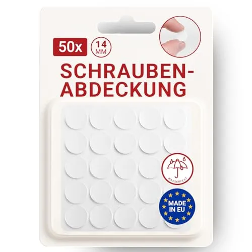 LouMaxx Abdeckkappen für Schrauben rund, Weiß Ø 14 mm – 50er Set Selbstklebende Abdeckkappen für Bohrlöcher und kleine Beschädigungen – Universelle Schraubenabdeckung Weiss Made in EU