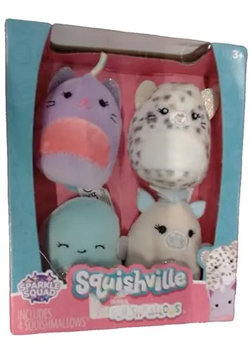 Squishville SQM0327-4er Pack Glitzer Squad, superweiche Mini-Squishmallows, 5cm Plüschfiguren