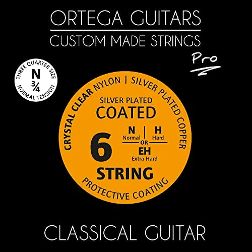 Ortega Guitars Nylon Gitarren Saiten – Satz für 3/4 Gitarre, Normal – Custom Made Strings Pro Series – Nylon/Silberbeschichtetes Kupfer (NYP34N)