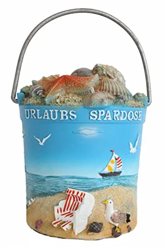 •Spardose – Strandeimer „Urlaubs-Spardose“ - Sparbüchse Urlaub Reisekasse Sparschwein Geldgeschenk aus Kunststein H.: 11cm