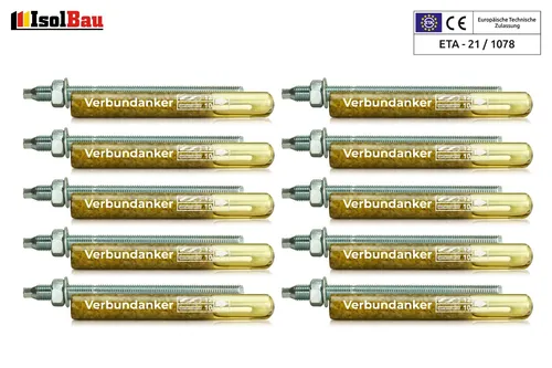 Set 10x Verbundankerpatrone M10 + Ankerstange M10 x170mm Verz. ETA Mörtelpatrone