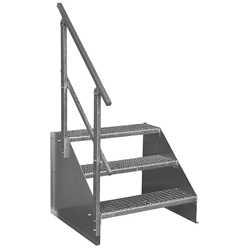 SRM Design Außentreppe 3 Stufen mit einseitigem Geländer - Freistehende Stahltreppe mit 3 Stufen, Breite 100 cm und Höhe 63 cm. Verzinkt für optimalen Korrosionsschutz, ideal für Garten oder Gewerbe. Schnelle Montage und flexible Einsatzmöglichkeiten.