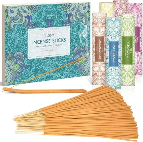 SCENTORINI Räucherstäbchen Set 120 Stock, Duft von Sandelholz, Patschuli, Weißer Salbei, Weihrauch Myrrhe, Zimt, Rose, inklusive 1 Räucherstäbchen Halter