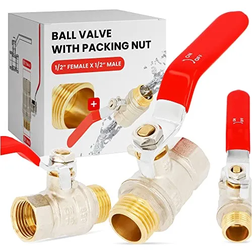 Kugelhahn 1/2'' IG x 1/2'' AG Messing DN15 mit Hebelgriff | Kugelventil Absperrventil Absperrhahn Wasserhahn mit Stahlgriff Drossel PTFE Dichtring Stopfbuchse