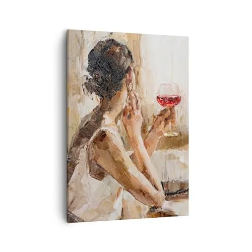 Bilder auf Leinwand Frau Wein Porträt Leinwandbild mit Rahmen 50x70cm Wandbilder Dekoration Wohnzimmer Schlafzimmer Küche Deko Groß Wanddeko Bild Wand Kunstdruck Art Wall Decor Canvas PA50x70-6226
