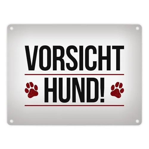 Vorsicht Hund! Metallschild mit Pfoten Motiv in rot Warnung Hinweis Achtung